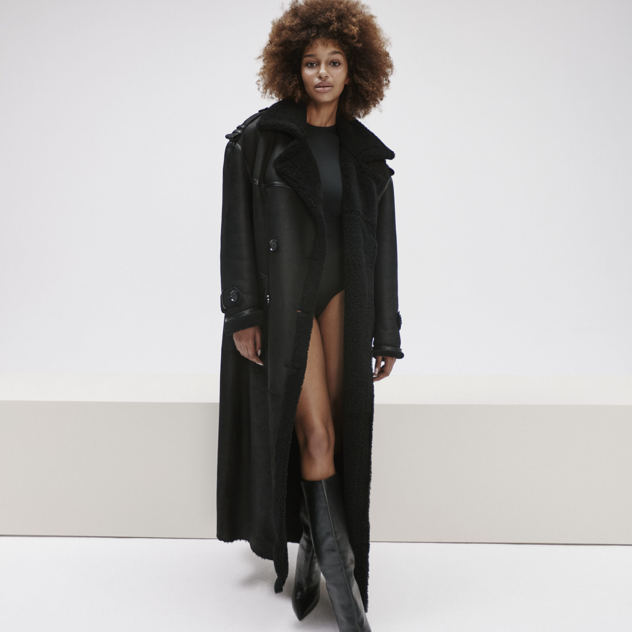 double breasted lamb leather coat in black