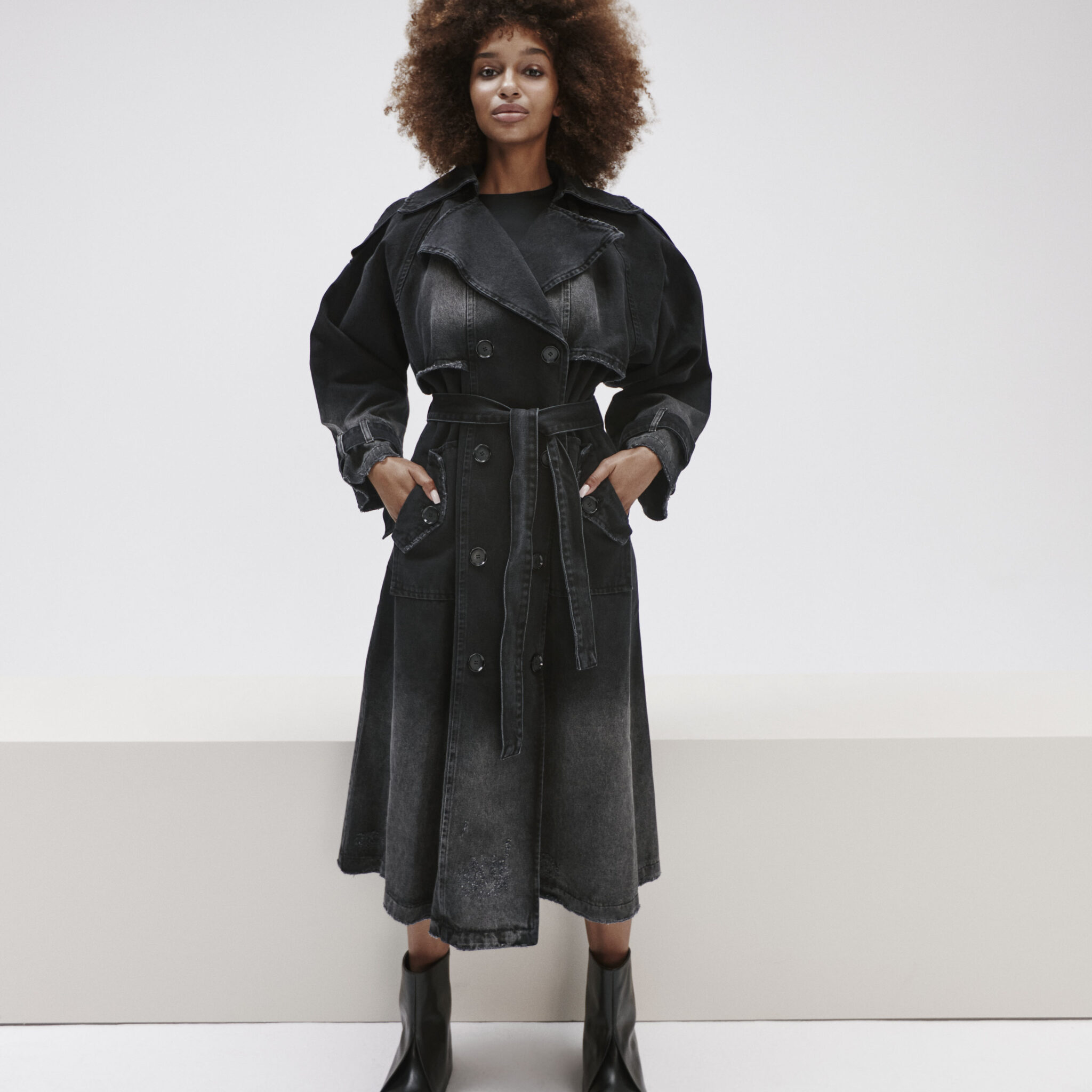 longline denim trench coat