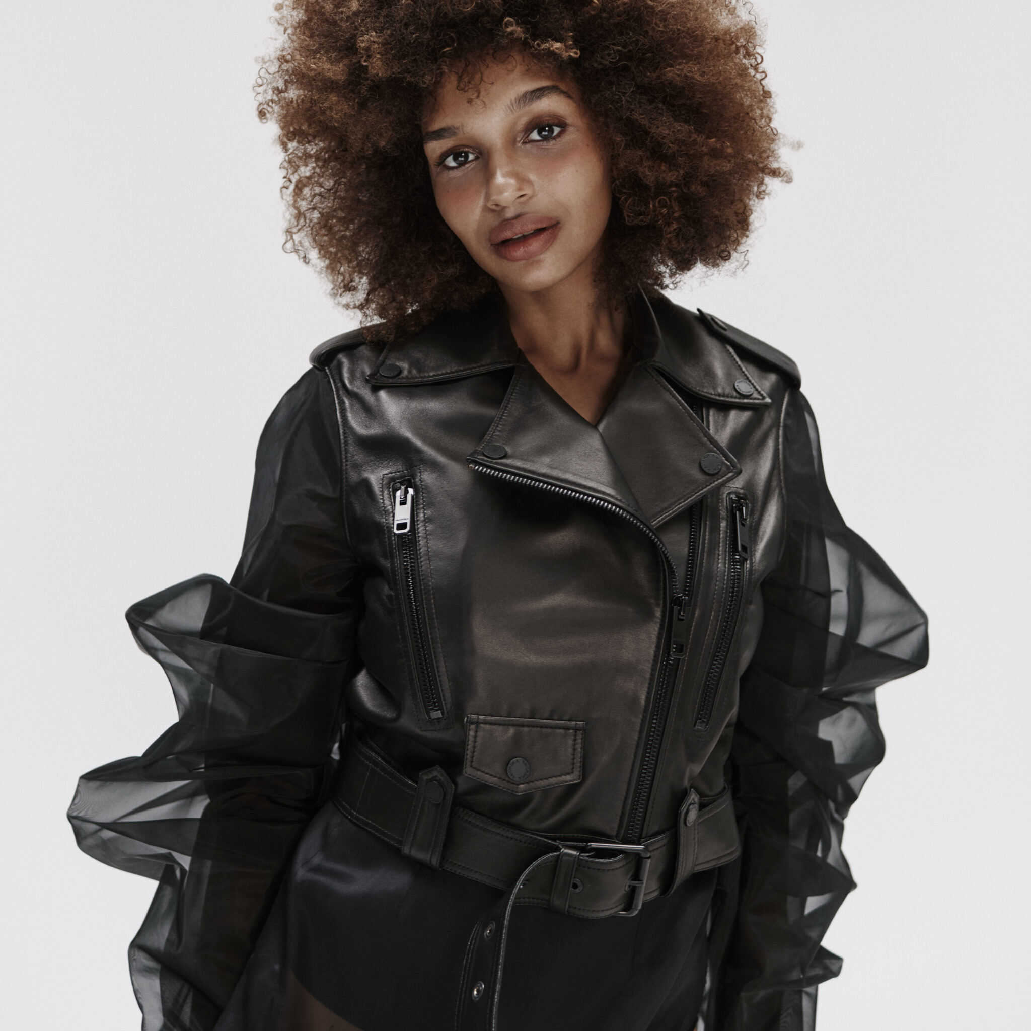 cropped leather jacket with silk organza sleeves