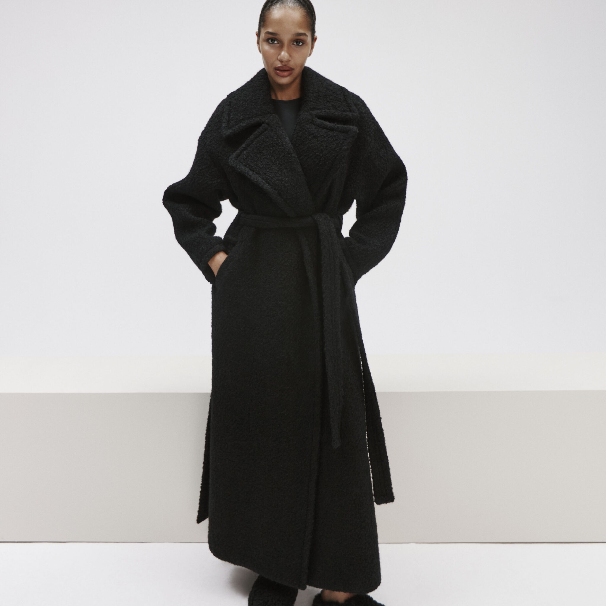 long boucle coat with belt