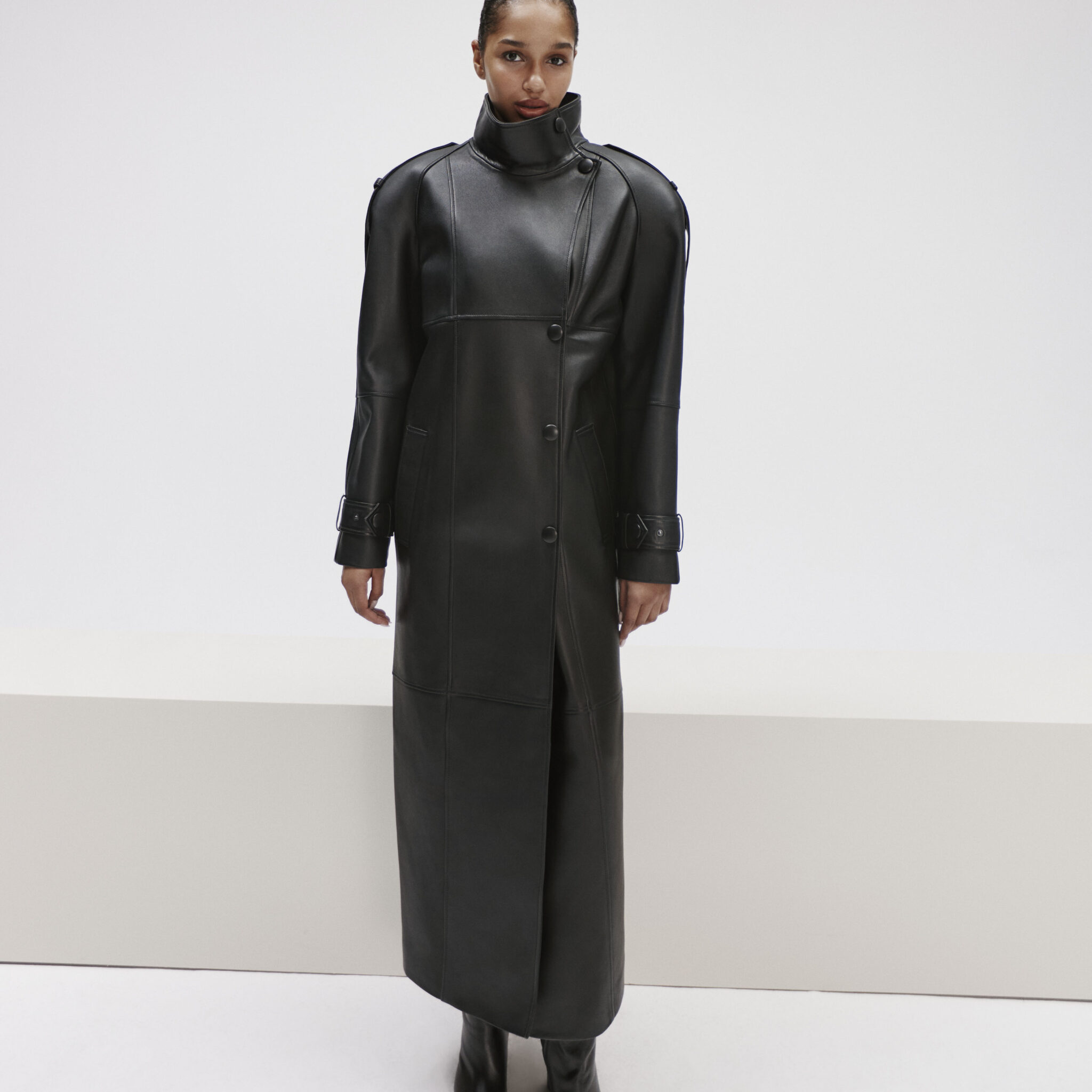 long leather coat with epaulettes