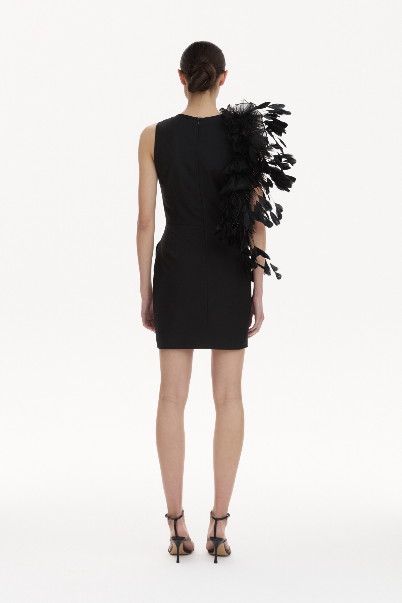 mini black dress with feathers aplique