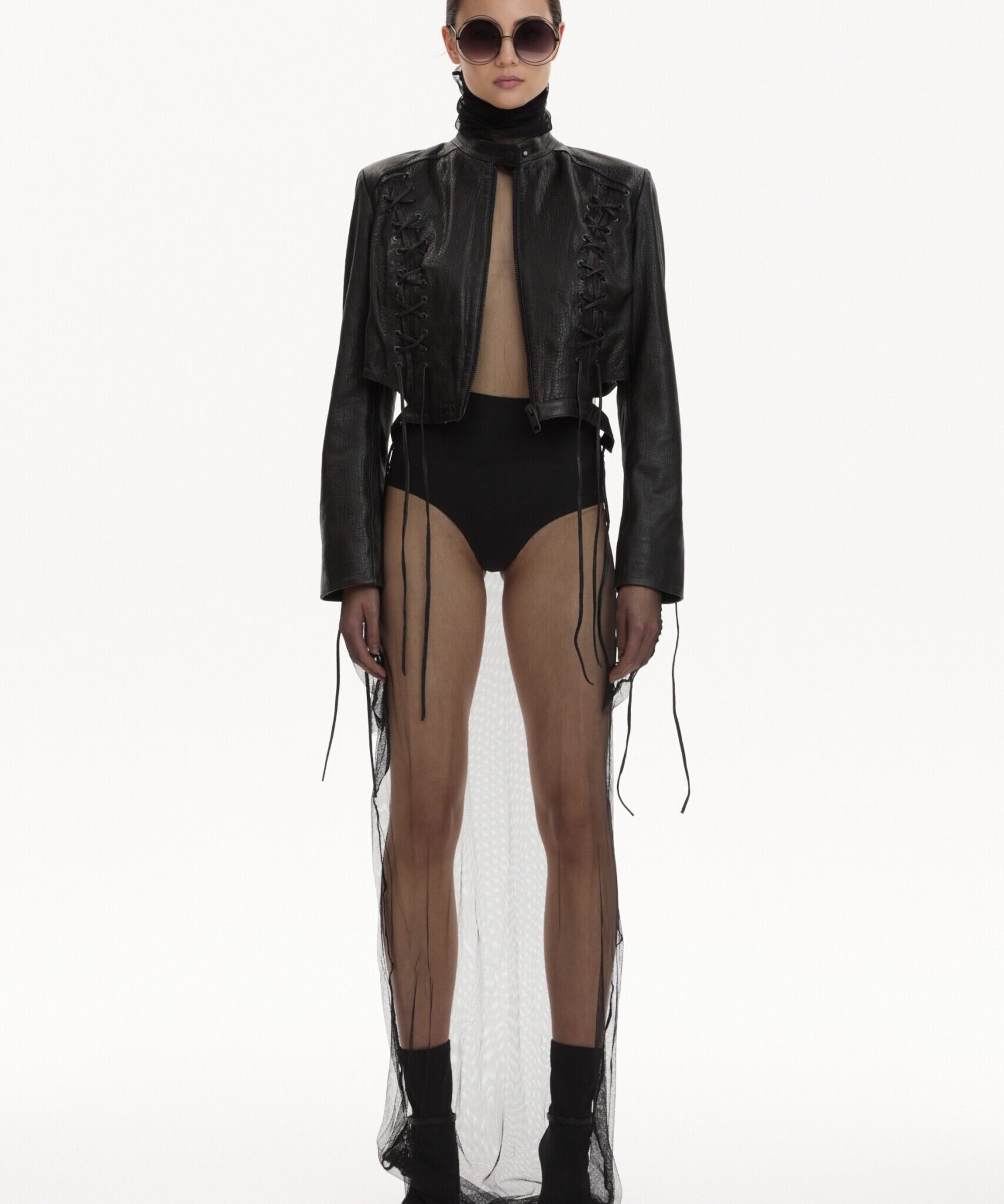 cropped leather jacket with stitching