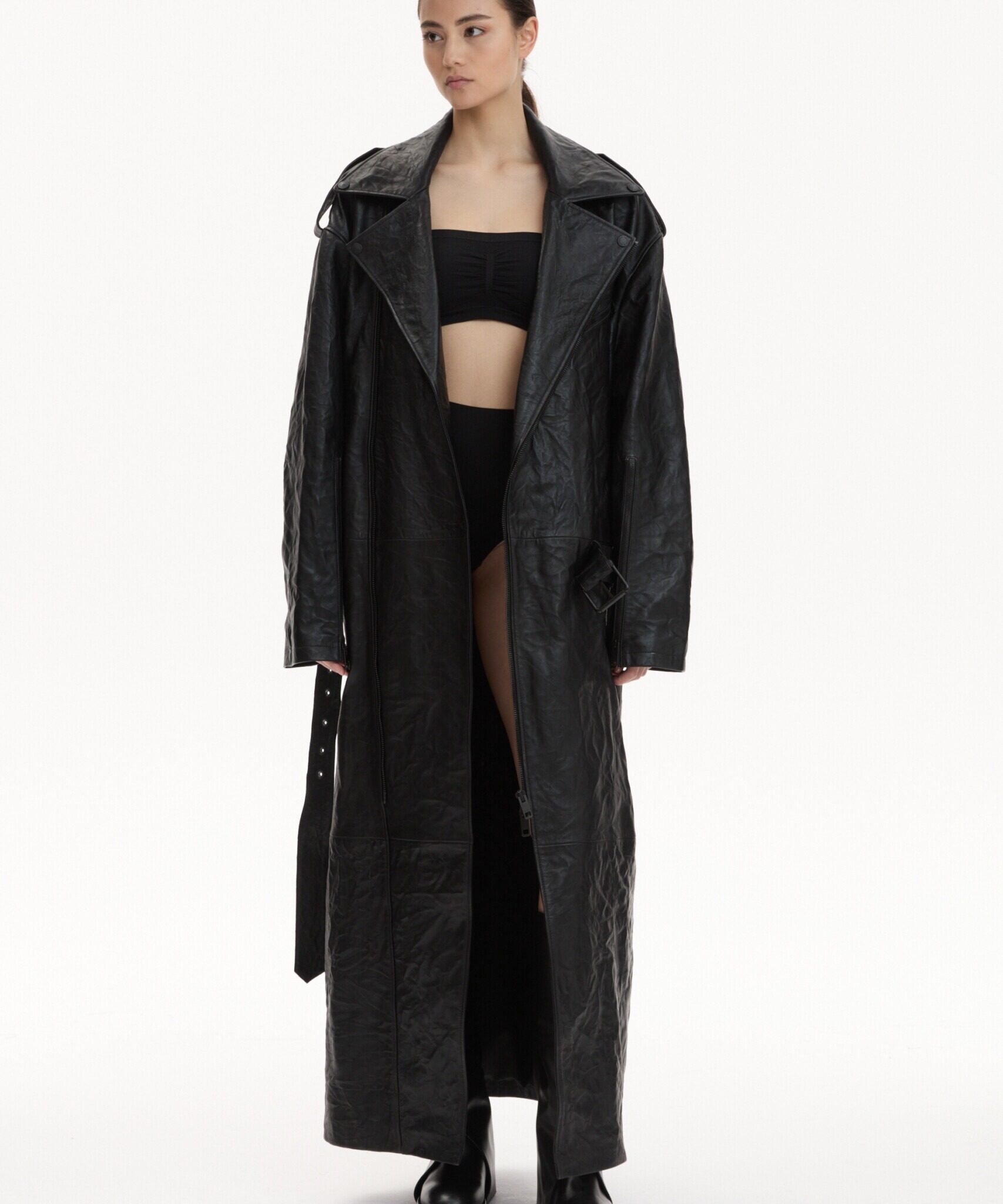 floor lenght leather coat with belt