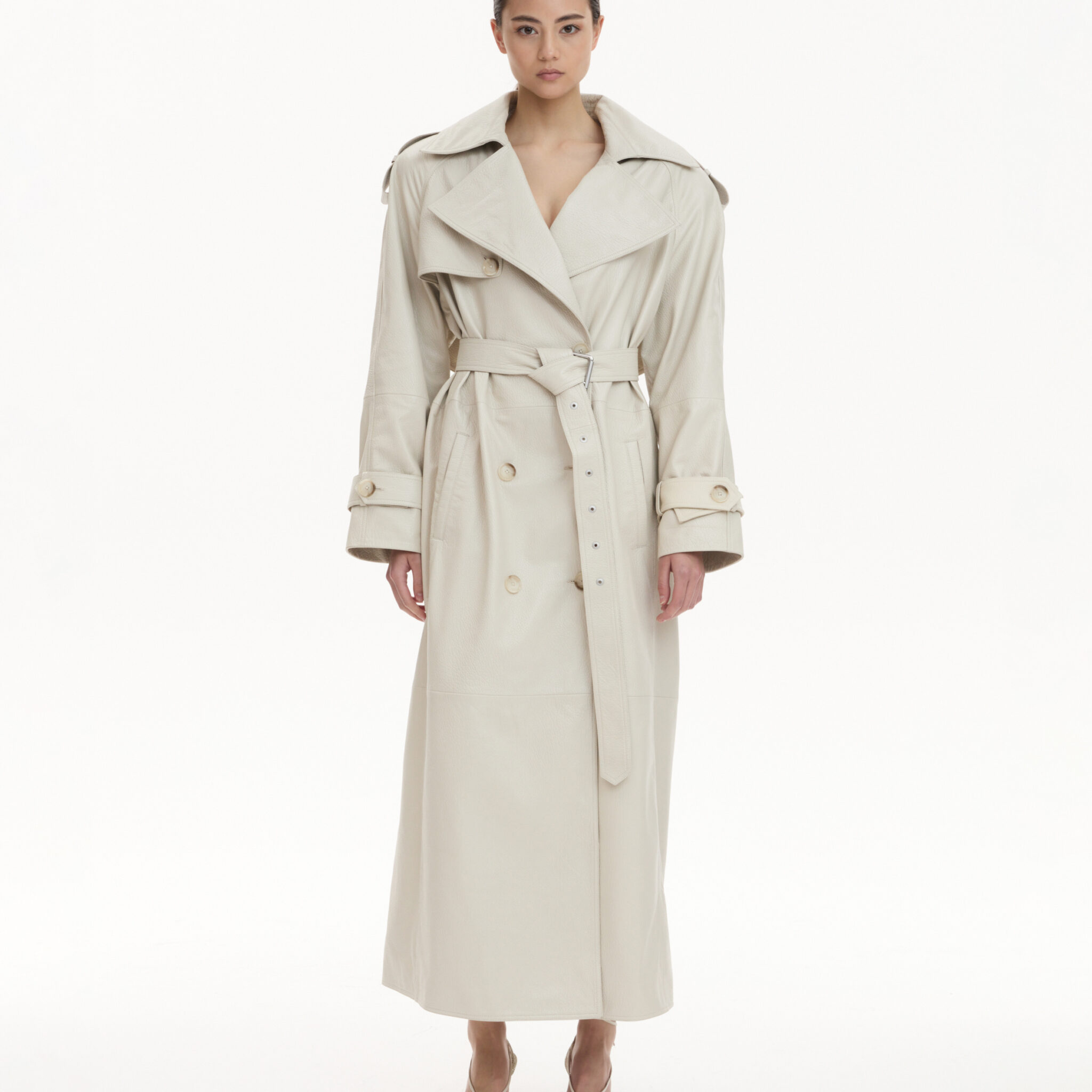 floor-lenght leather trench coat cream