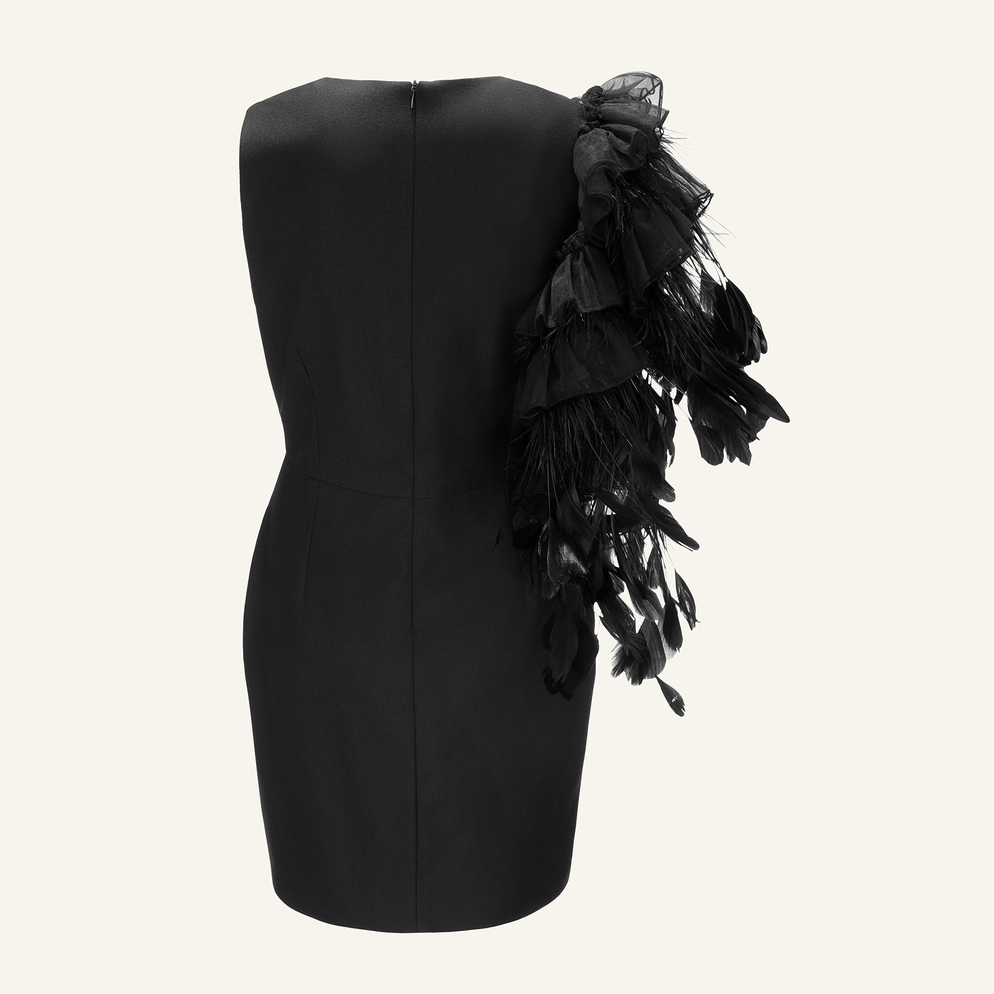 mini black dress with feathers aplique