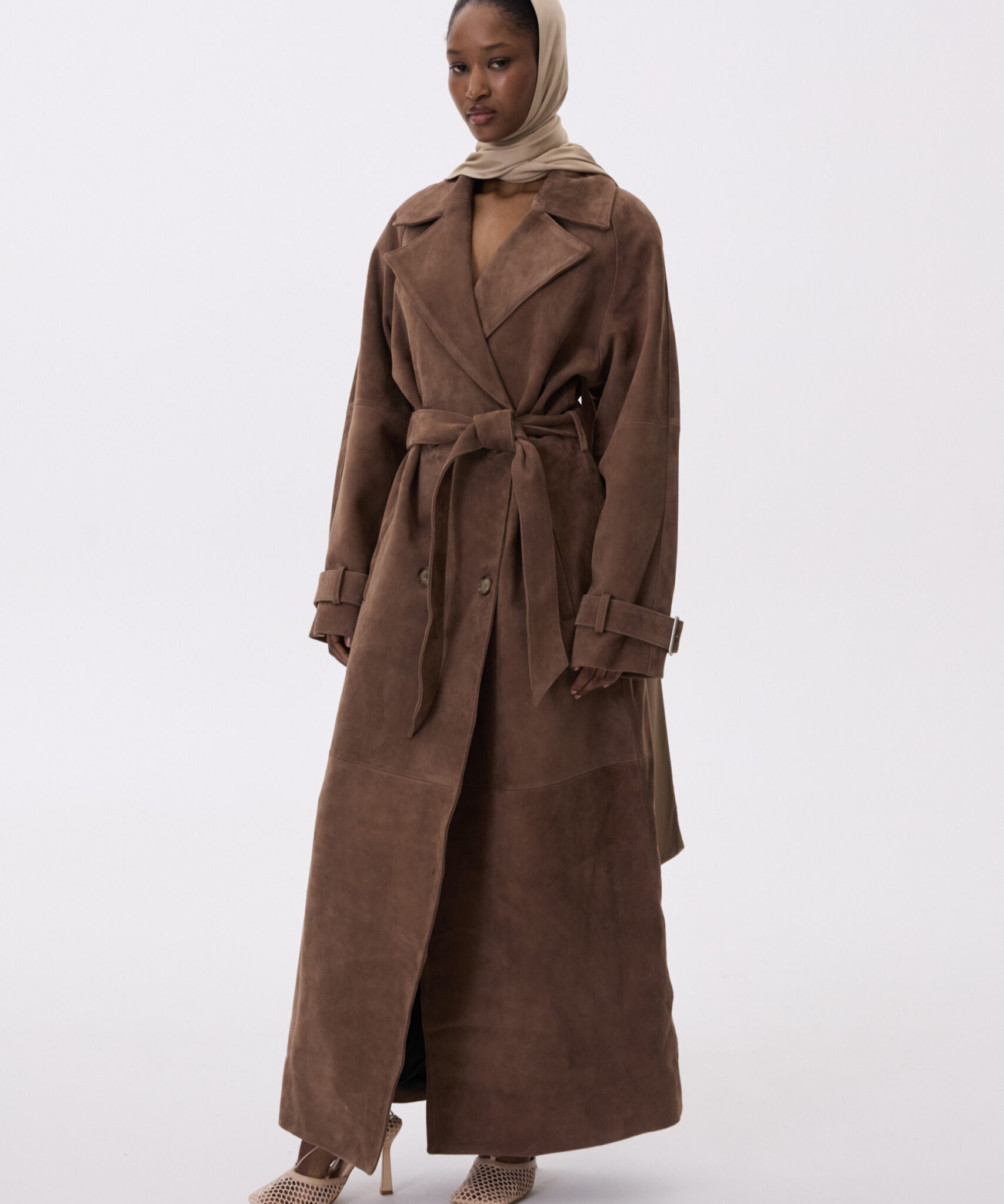 Long leather coat with belt